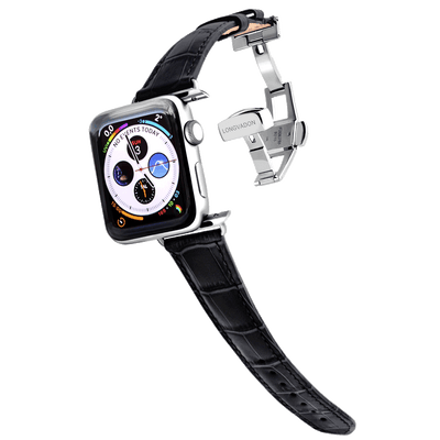 silver apple wactch with midnight black leather band for women
