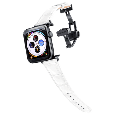 black apple watch with snow white leather band for women
