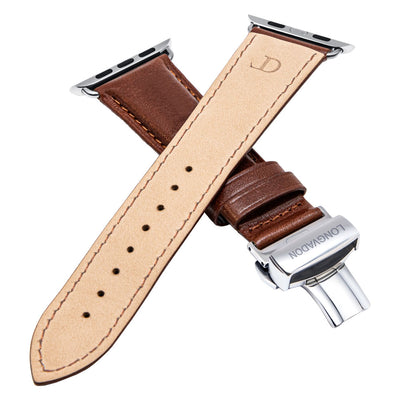 men's mahogany brown leather band for silver apple watch closer look