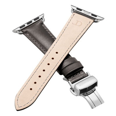 women's dark grey leather apple watch band with silver clasp closer look