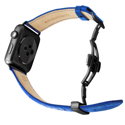 black apple watch with mediterranean blue leather band for men back view
