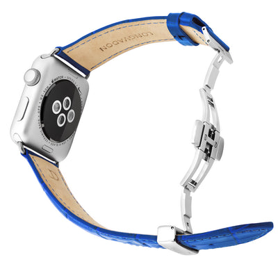 silver apple watch with mediterranean blue leather band for men back view