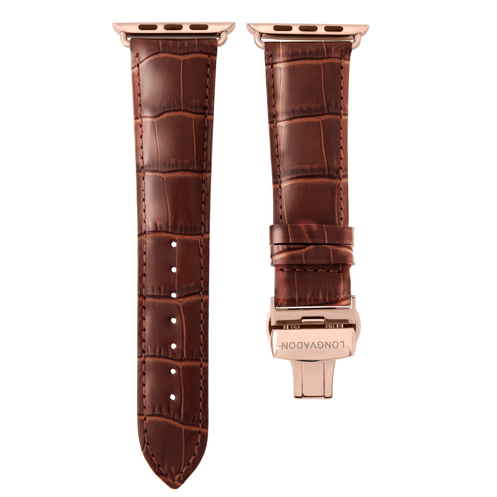 Men's Mahogany Brown Leather Apple Watch Band Rose Gold Details