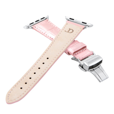 women's glossy pink leather band for silver apple watch closer look