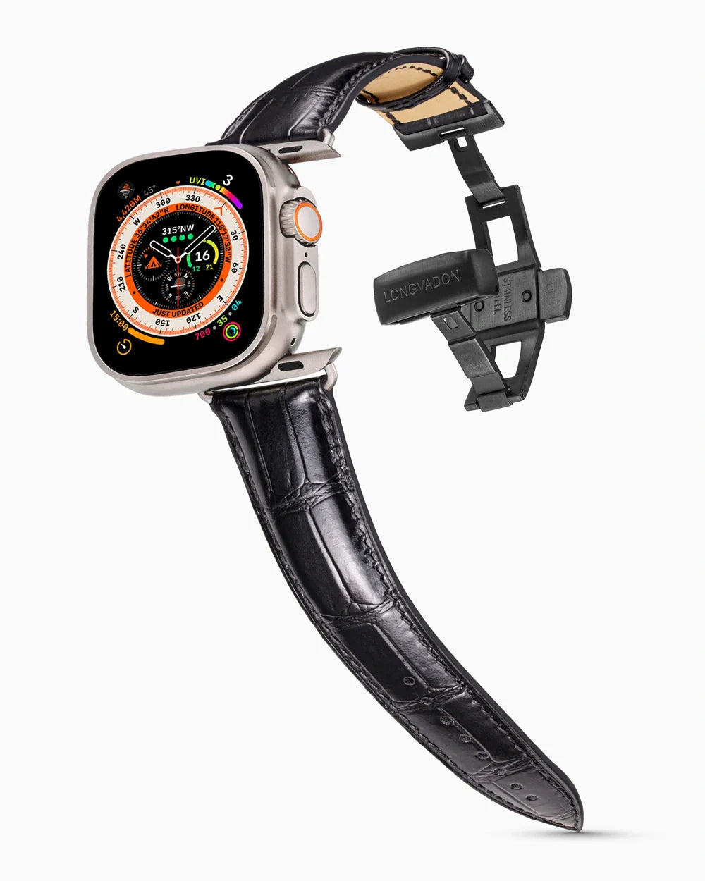 Caiman Series 3 luxury Apple Watch leather band on an Apple Watch Ultra