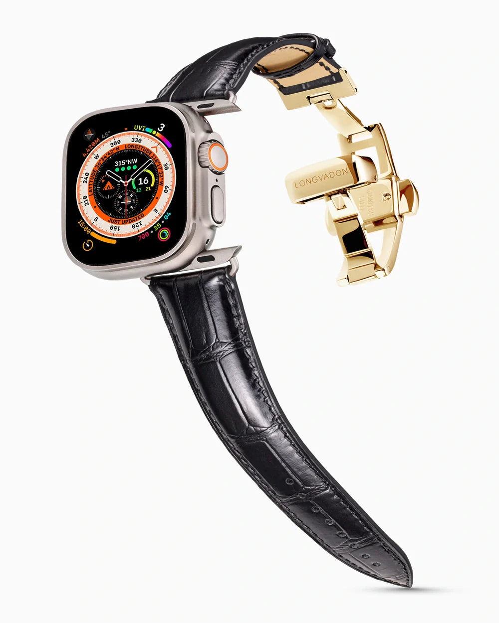 Caiman Series 3 luxury Apple Watch leather band on an Apple Watch Ultra