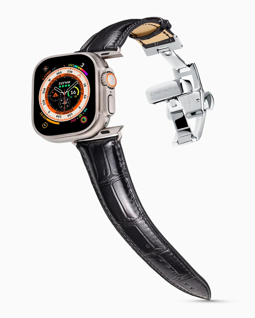 Caiman Series 3 luxury Apple Watch leather band on an Apple Watch Ultra