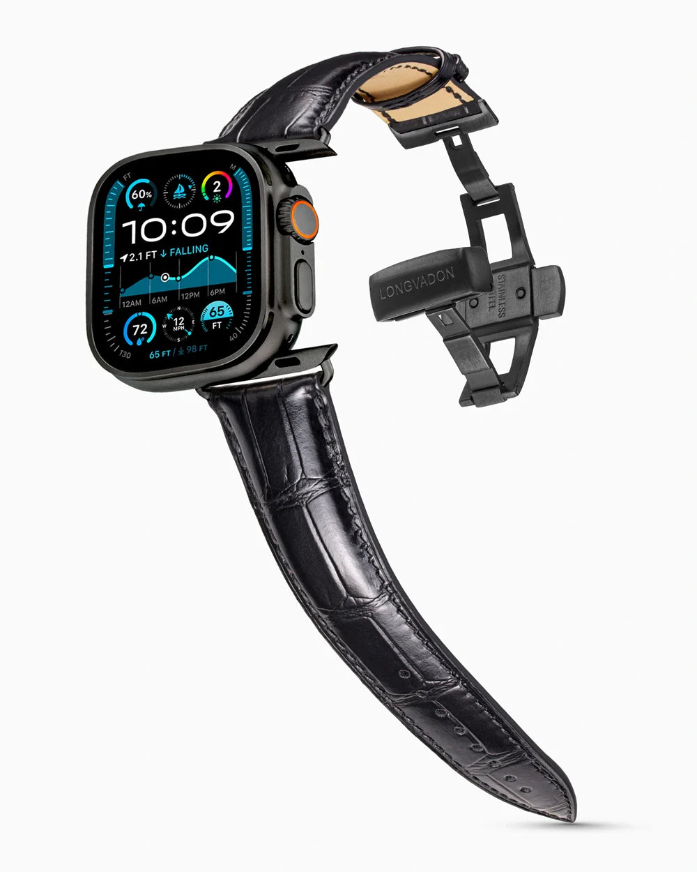 Caiman Series 3 luxury Apple Watch leather band on an Apple Watch Ultra