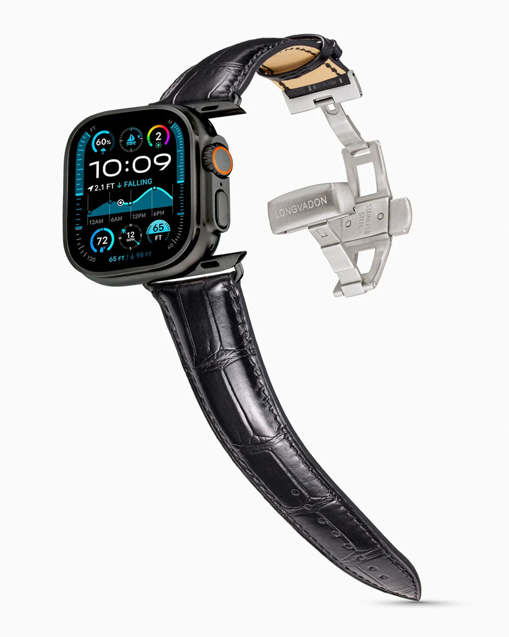 Caiman Series 3 luxury Apple Watch leather band on an Apple Watch Ultra