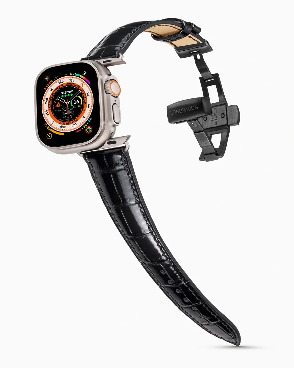 Caiman Series 3 luxury Apple Watch leather band on an Apple Watch Ultra