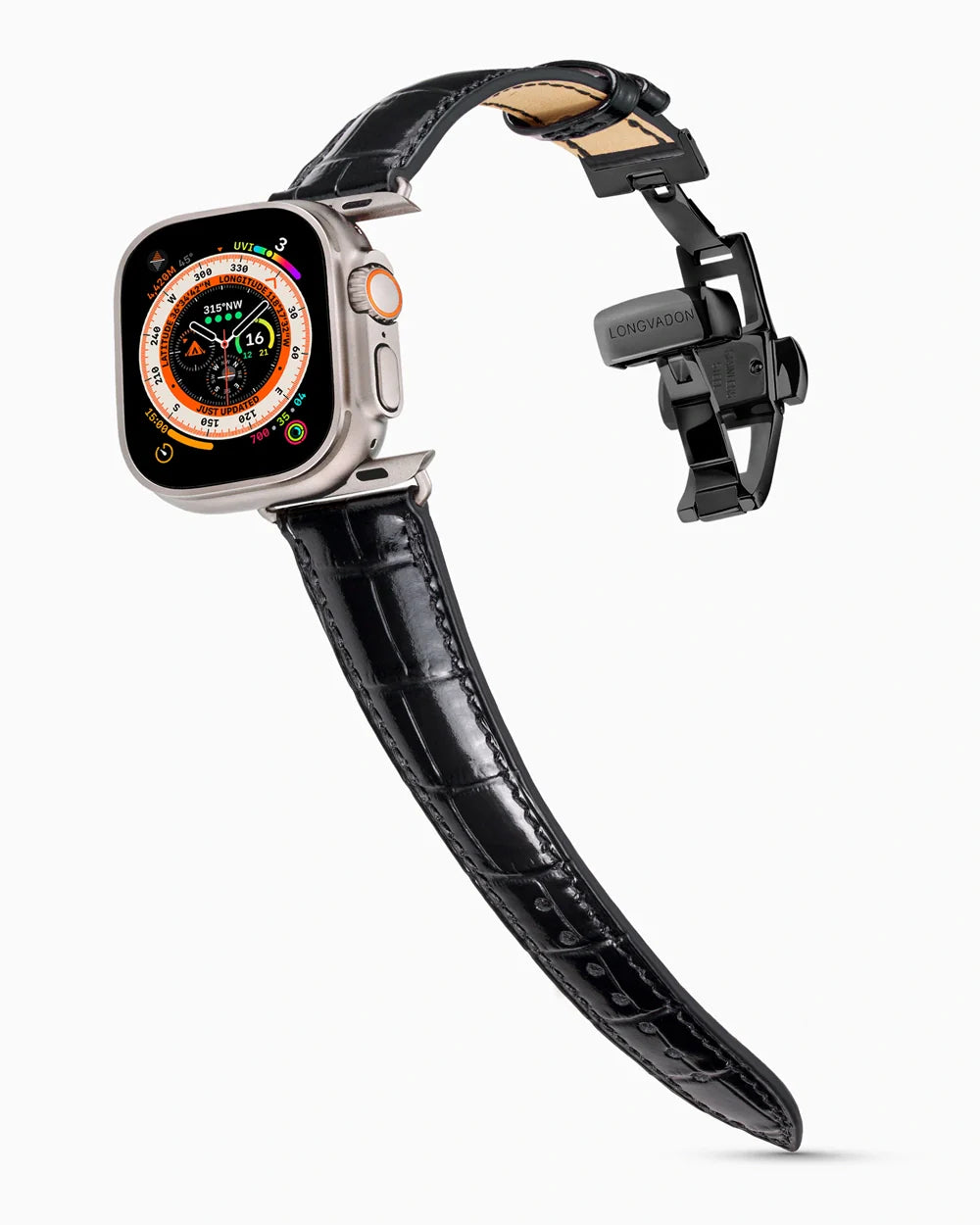 Caiman Series 3 luxury Apple Watch leather band on an Apple Watch Ultra