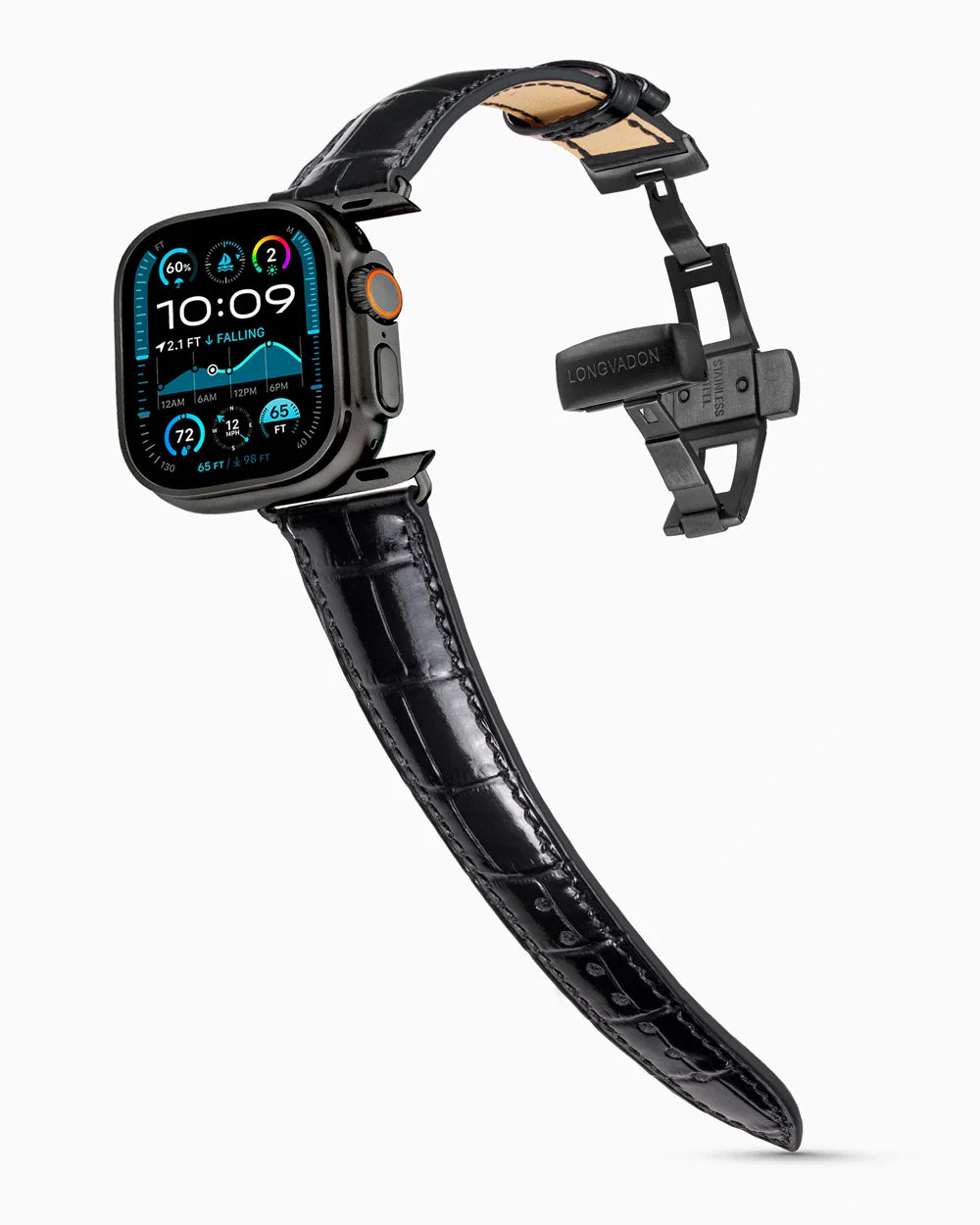 Caiman Series 3 luxury Apple Watch leather band on an Apple Watch Ultra