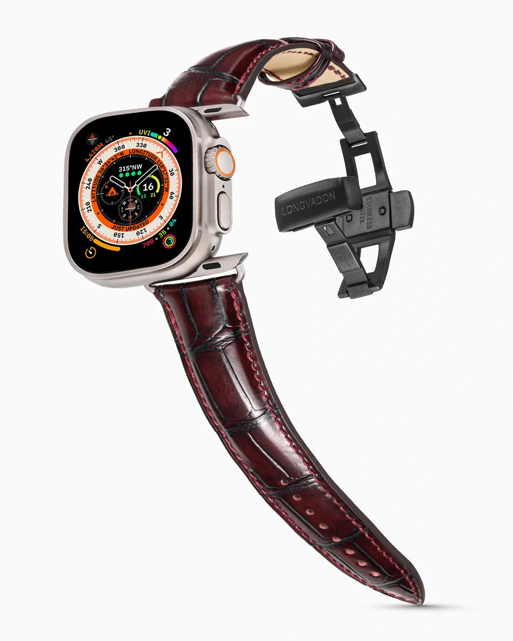 Caiman Series 3 luxury Apple Watch leather band on an Apple Watch Ultra