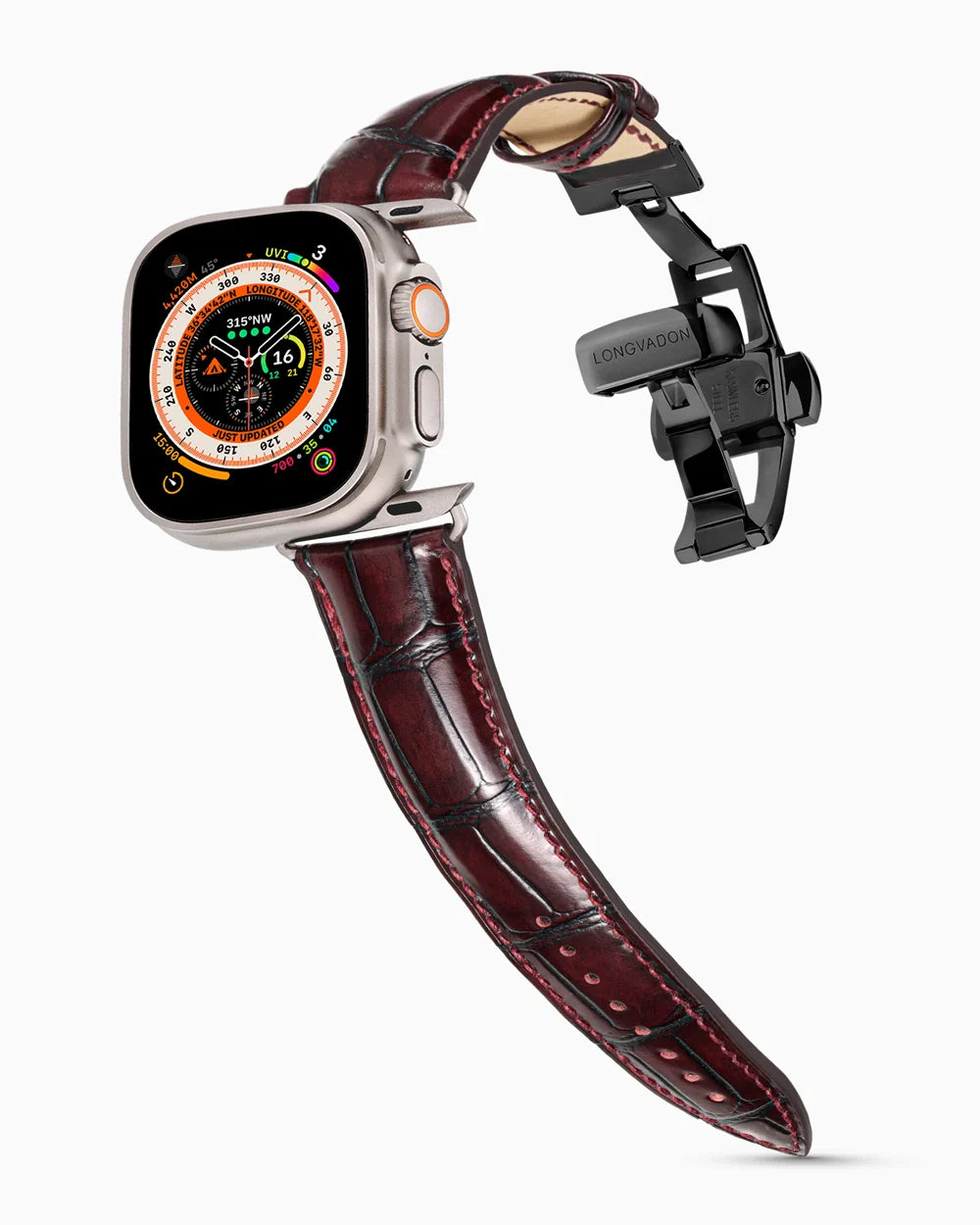 Caiman Series 3 luxury Apple Watch leather band on an Apple Watch Ultra