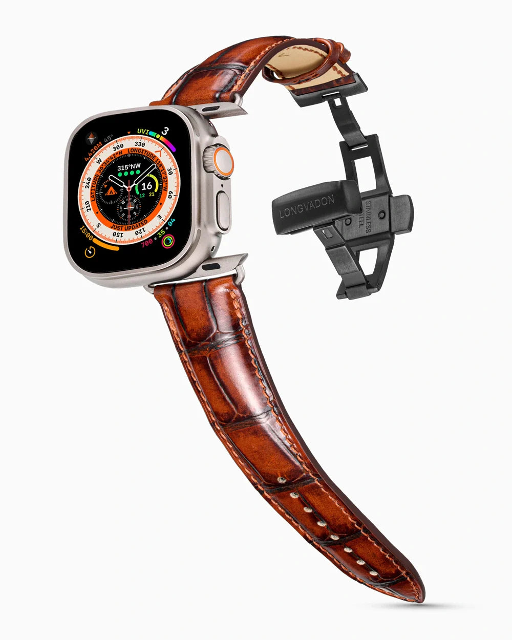 Caiman Series 3 luxury Apple Watch leather band on an Apple Watch Ultra
