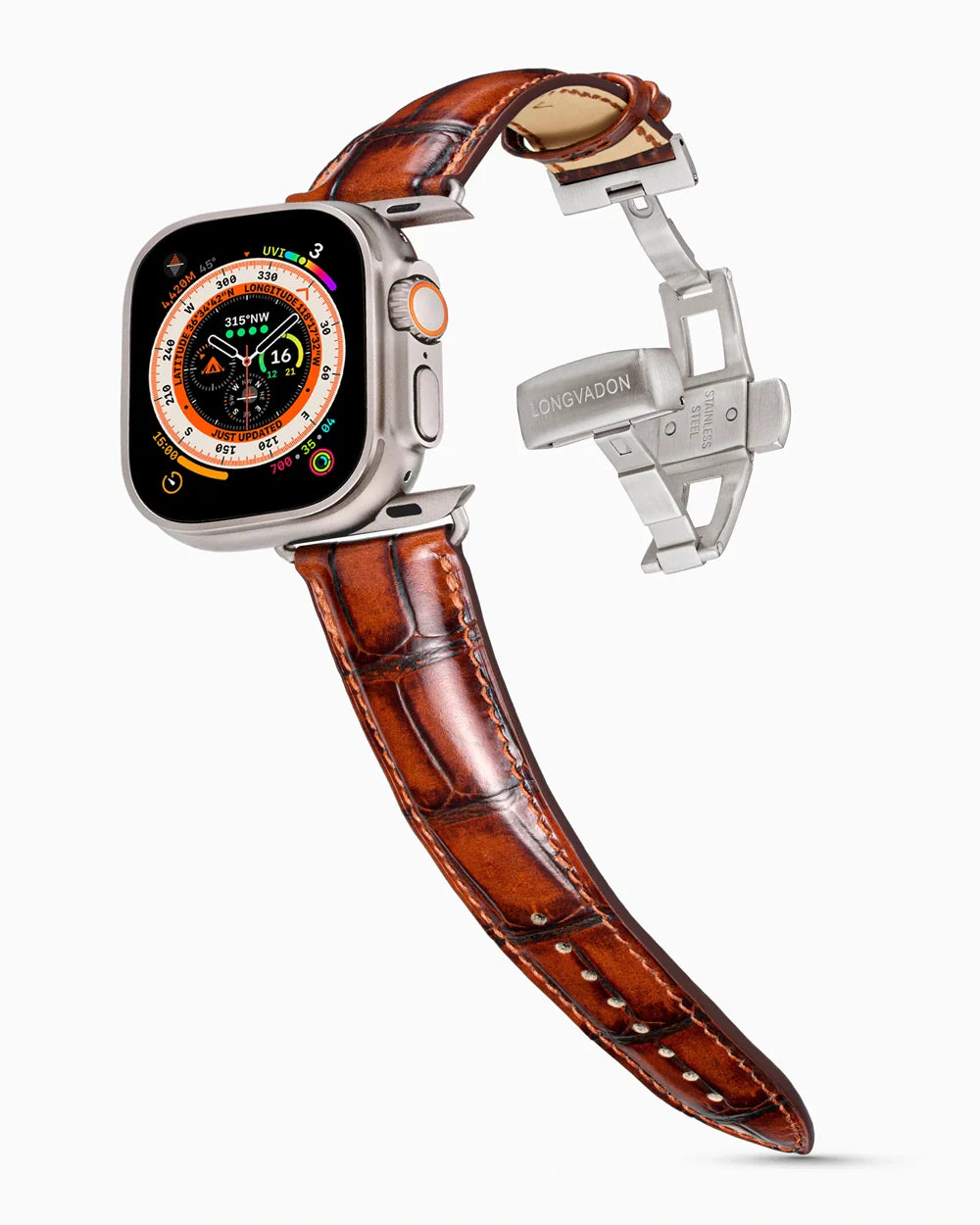 Caiman Series 3 luxury Apple Watch leather band on an Apple Watch Ultra