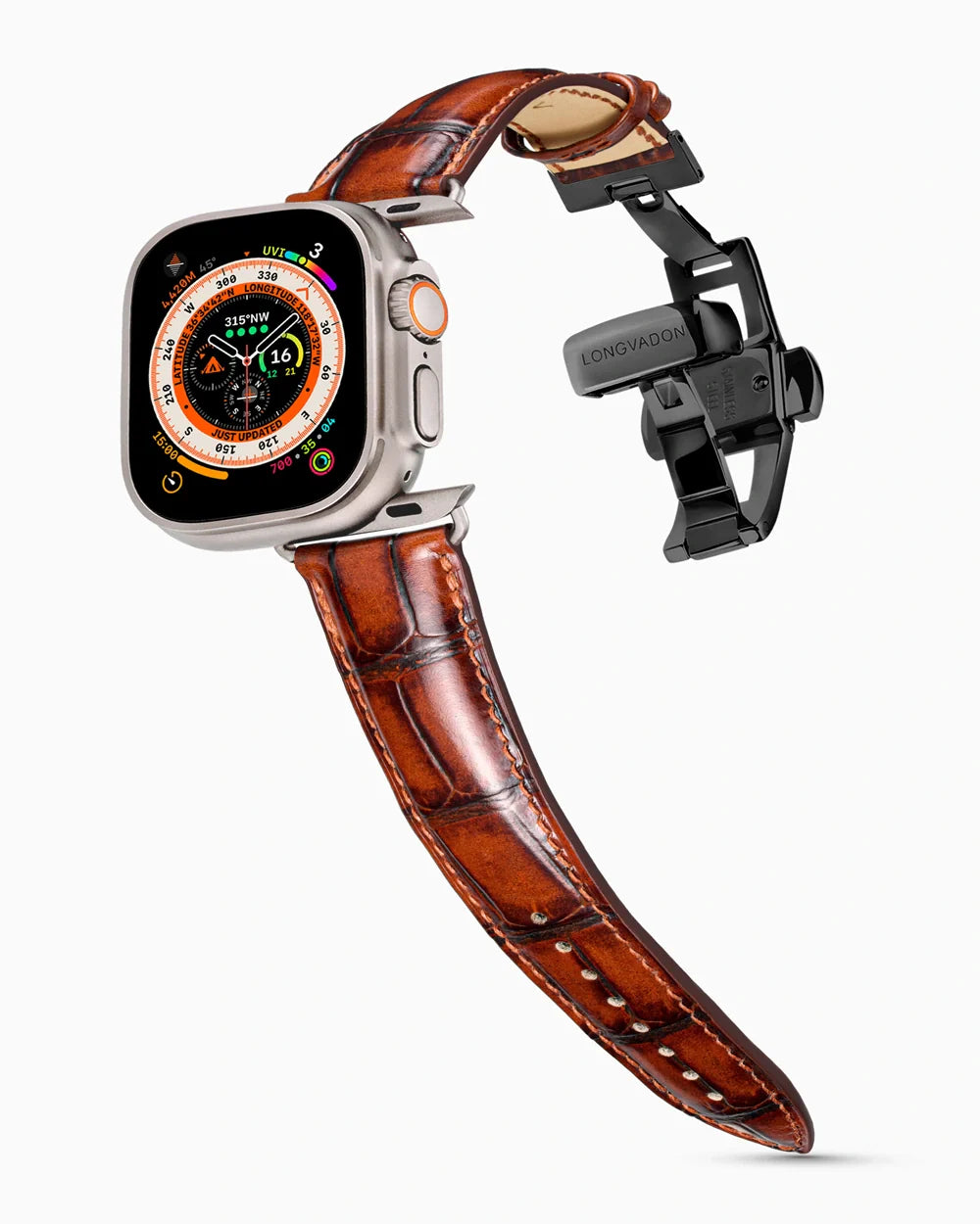 Caiman Series 3 luxury Apple Watch leather band on an Apple Watch Ultra