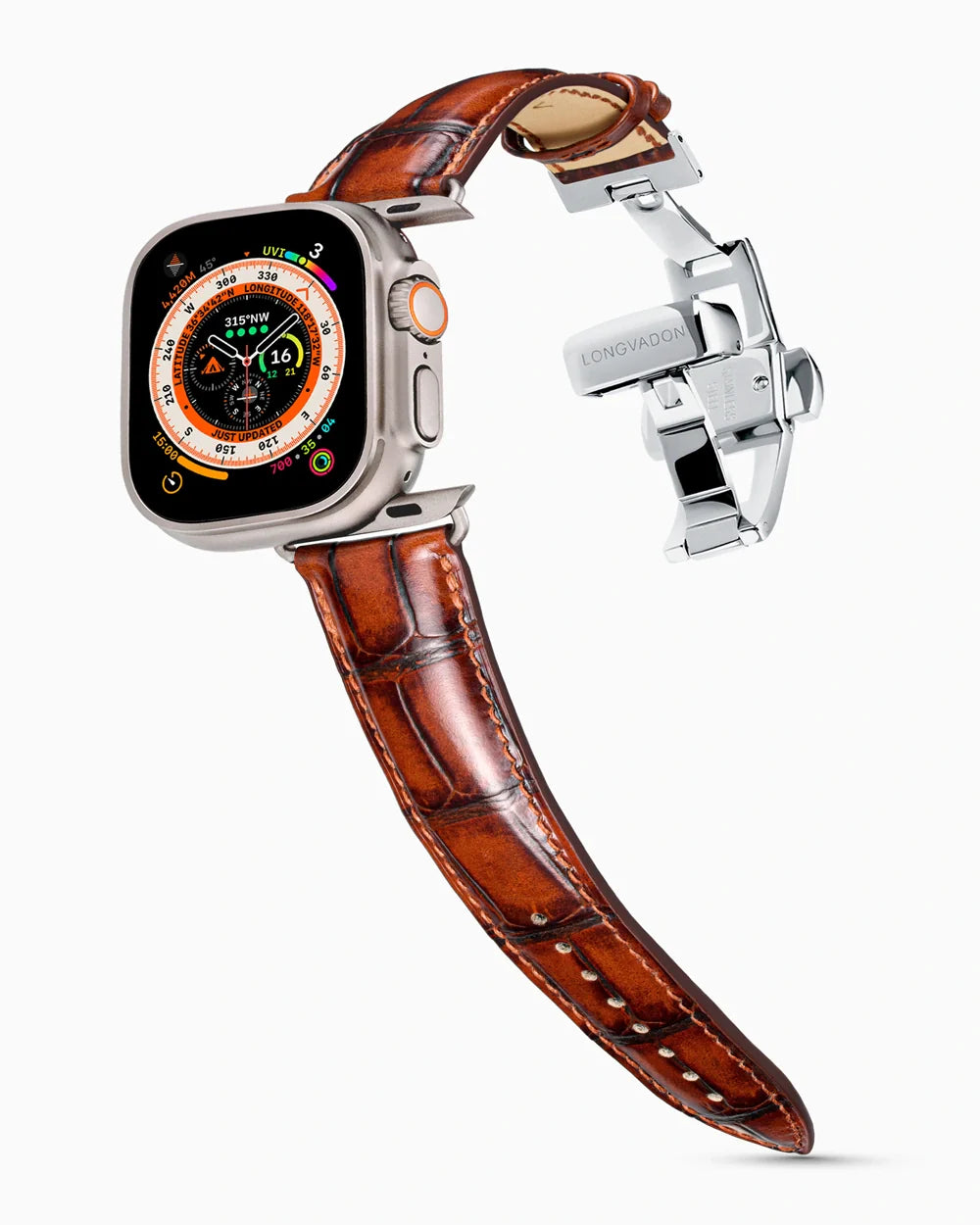 Caiman Series 3 luxury Apple Watch leather band on an Apple Watch Ultra