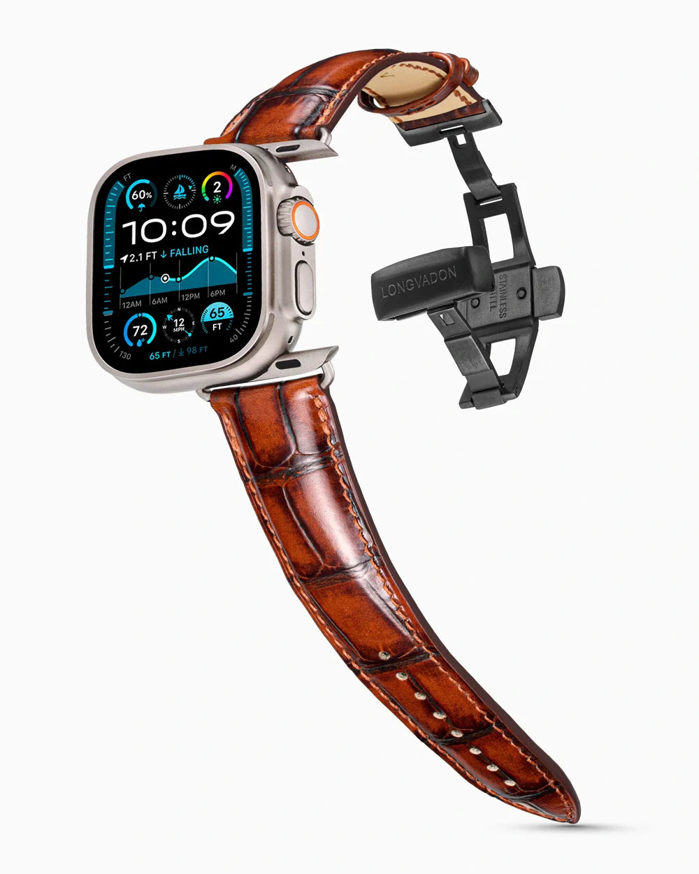 Caiman Series 3 luxury Apple Watch leather band on an Apple Watch Ultra