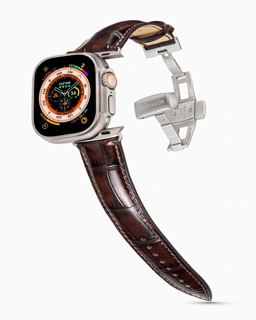 Caiman Series 3 luxury Apple Watch leather band on an Apple Watch Ultra