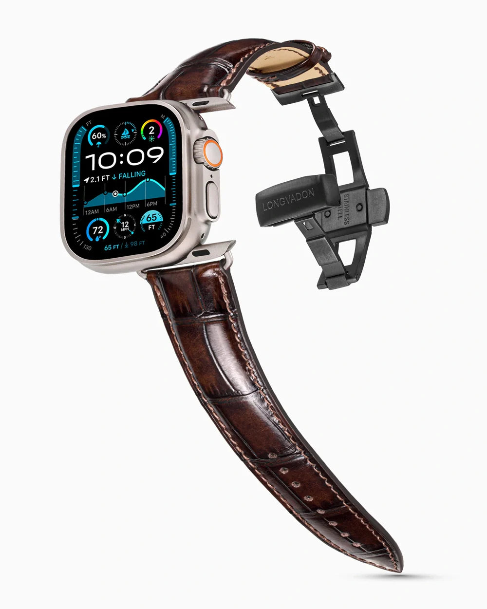 Caiman Series 3 luxury Apple Watch leather band on an Apple Watch Ultra