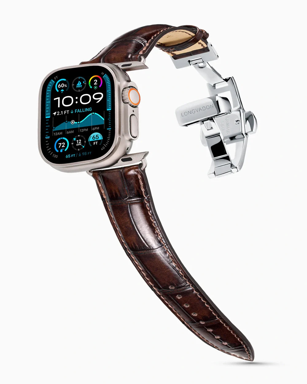 Caiman Series 3 luxury Apple Watch leather band on an Apple Watch Ultra