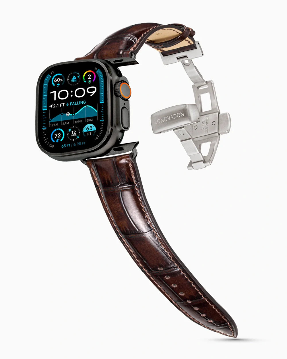 Caiman Series 3 luxury Apple Watch leather band on an Apple Watch Ultra