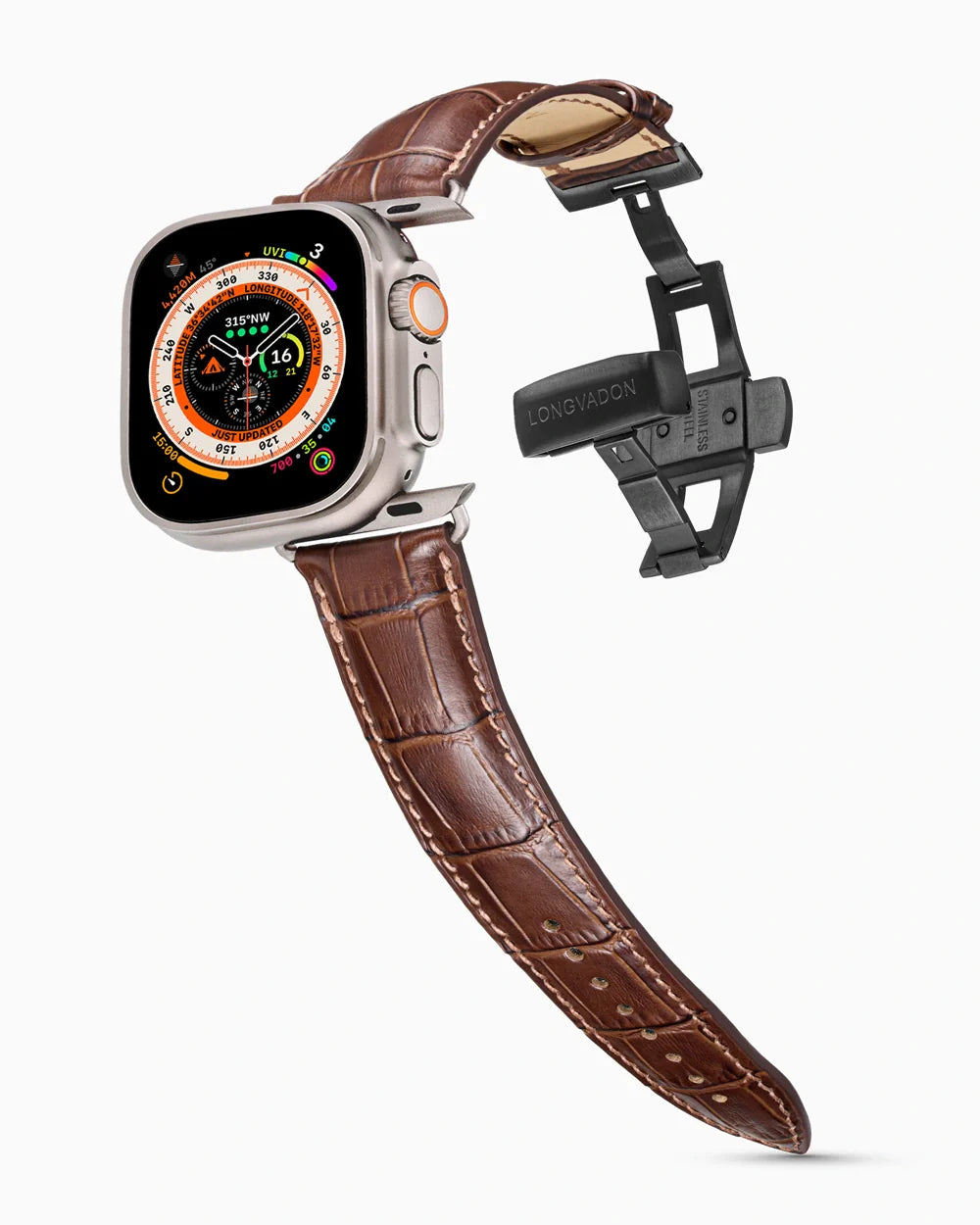 Caiman Series 3 luxury Apple Watch leather band on an Apple Watch Ultra