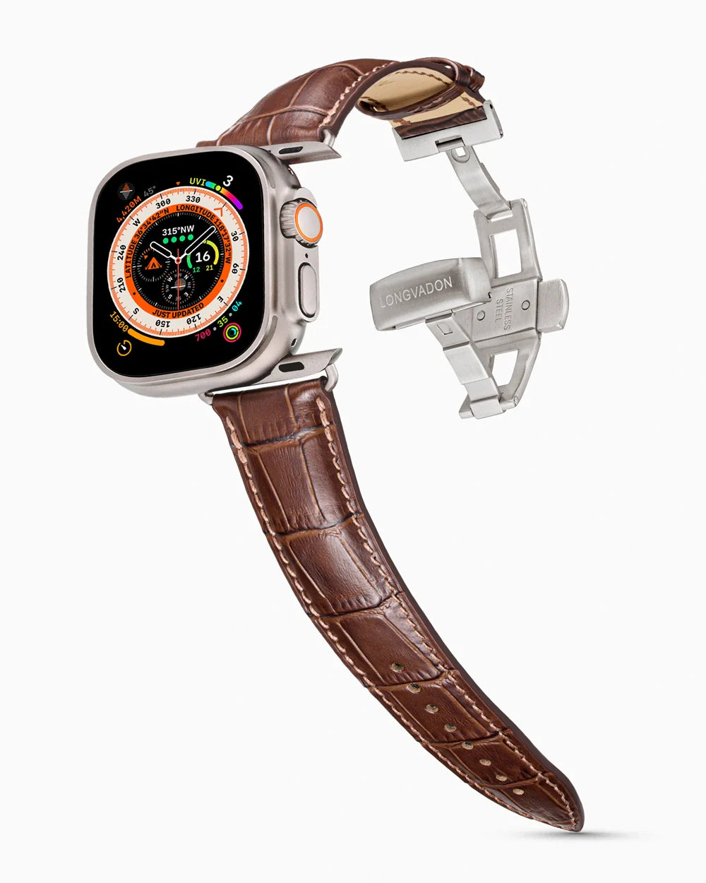 Caiman Series 3 luxury Apple Watch leather band on an Apple Watch Ultra
