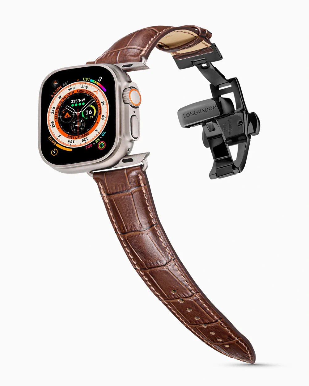Caiman Series 3 luxury Apple Watch leather band on an Apple Watch Ultra