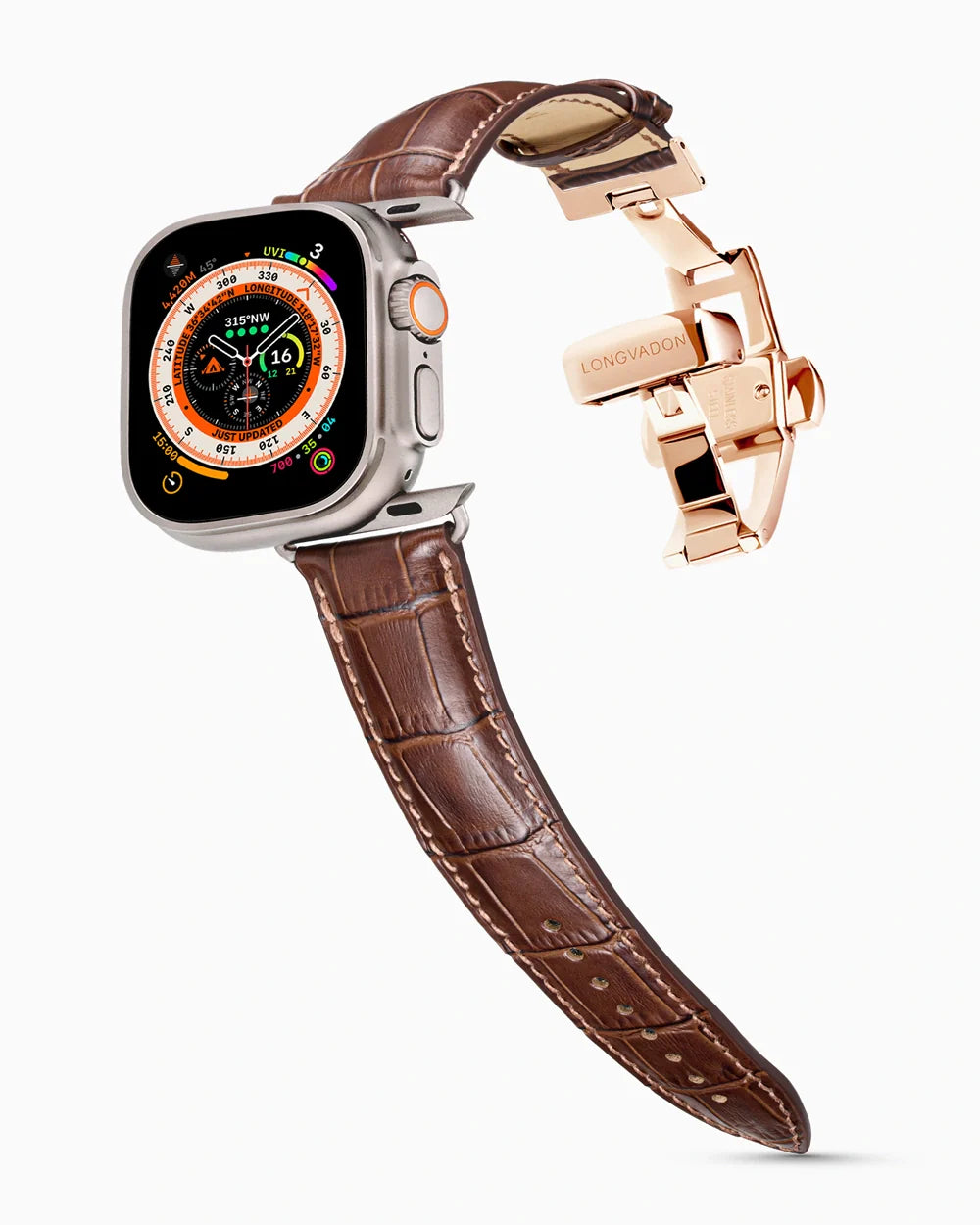 Caiman Series 3 luxury Apple Watch leather band on an Apple Watch Ultra