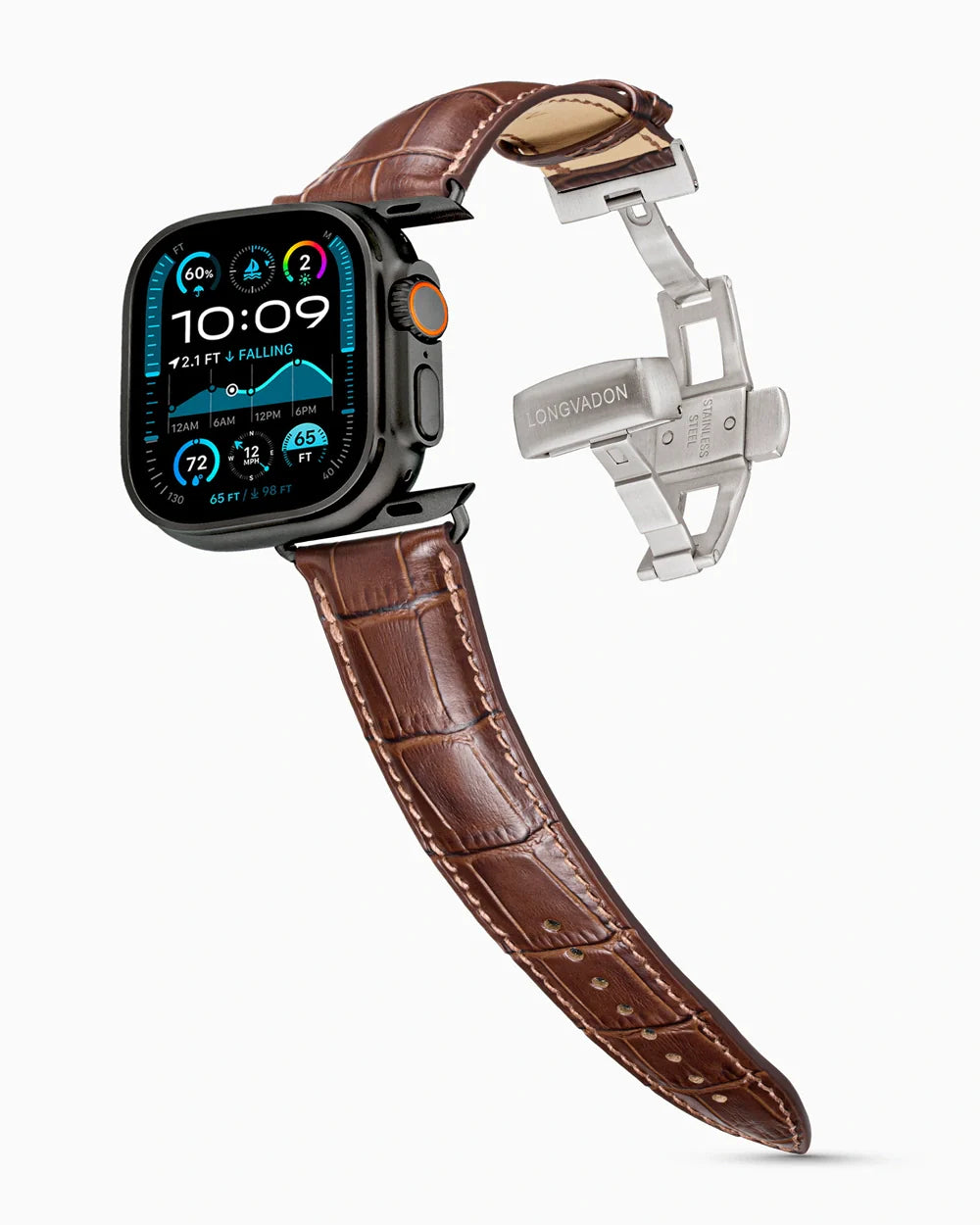 Caiman Series 3 luxury Apple Watch leather band on an Apple Watch Ultra
