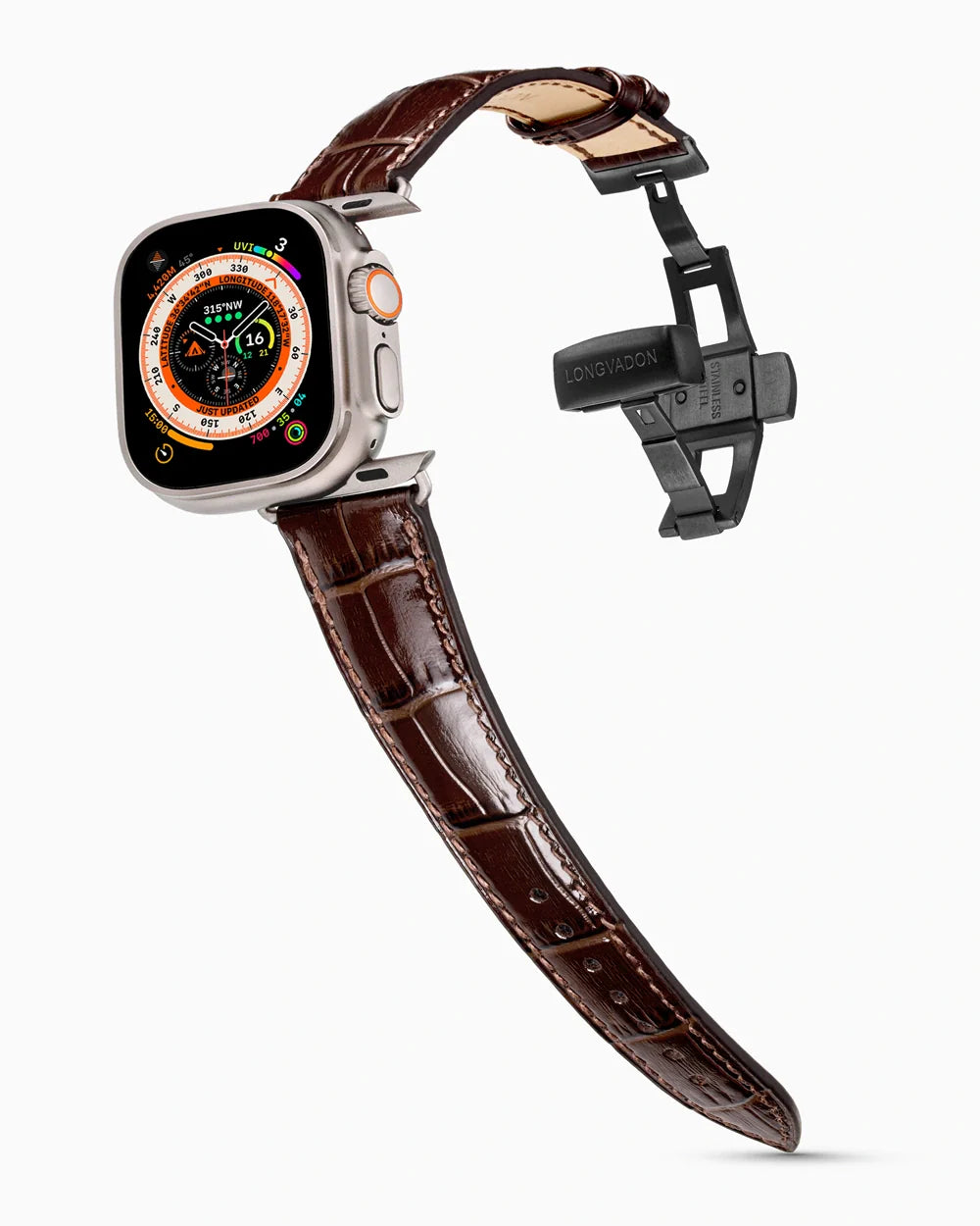 Caiman Series 3 luxury Apple Watch leather band on an Apple Watch Ultra