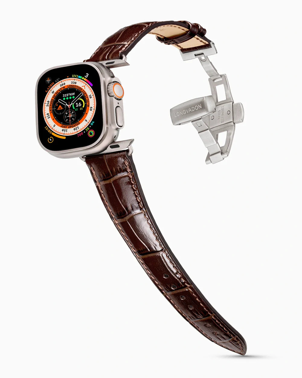 Caiman Series 3 luxury Apple Watch leather band on an Apple Watch Ultra