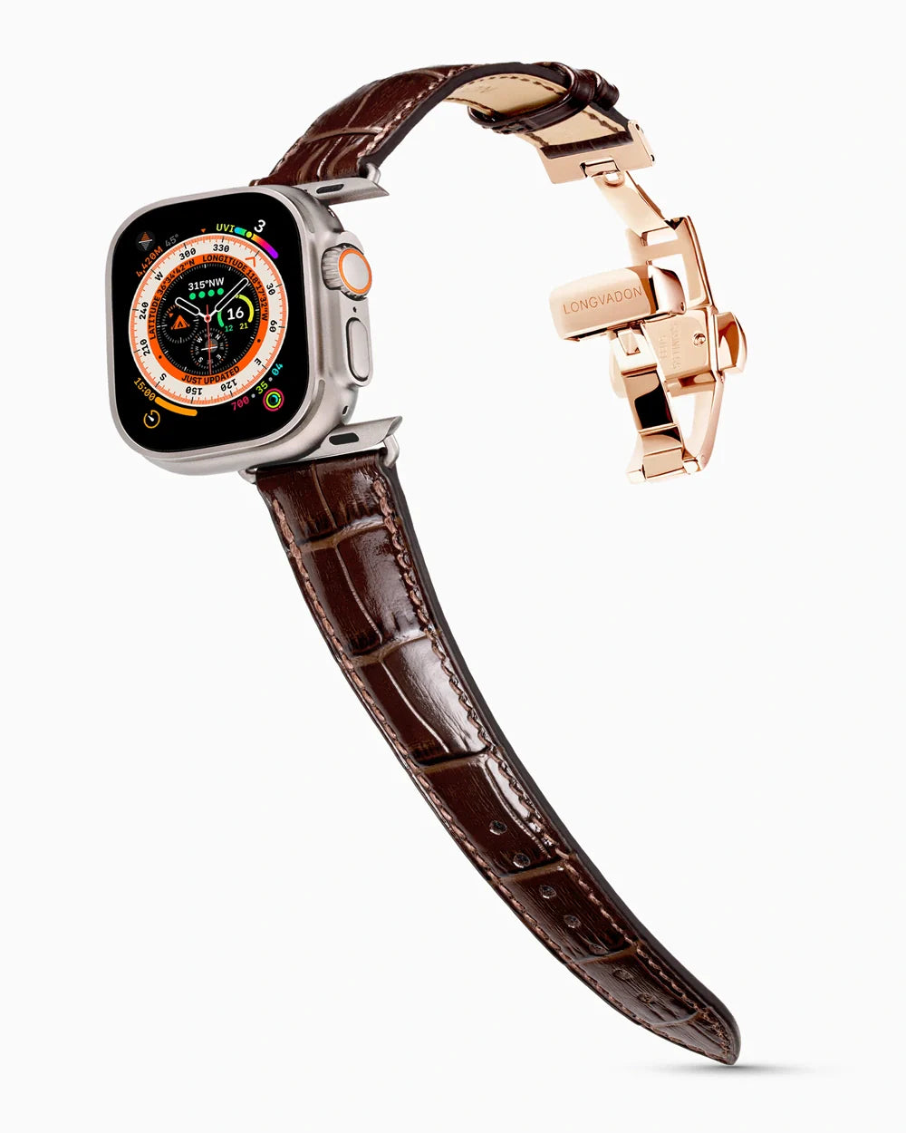 Caiman Series 3 luxury Apple Watch leather band on an Apple Watch Ultra