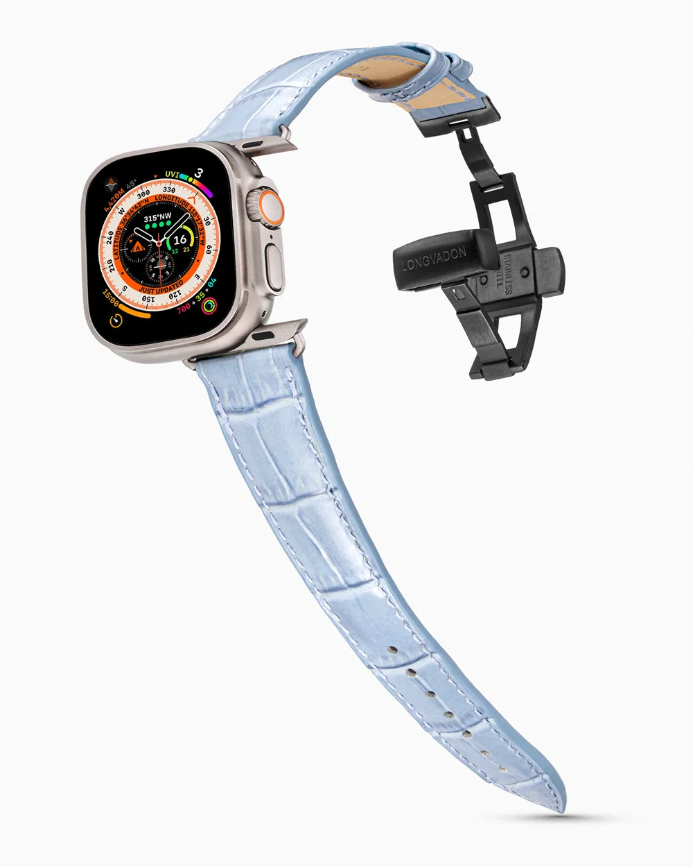 Caiman Series 3 luxury Apple Watch leather band on an Apple Watch Ultra