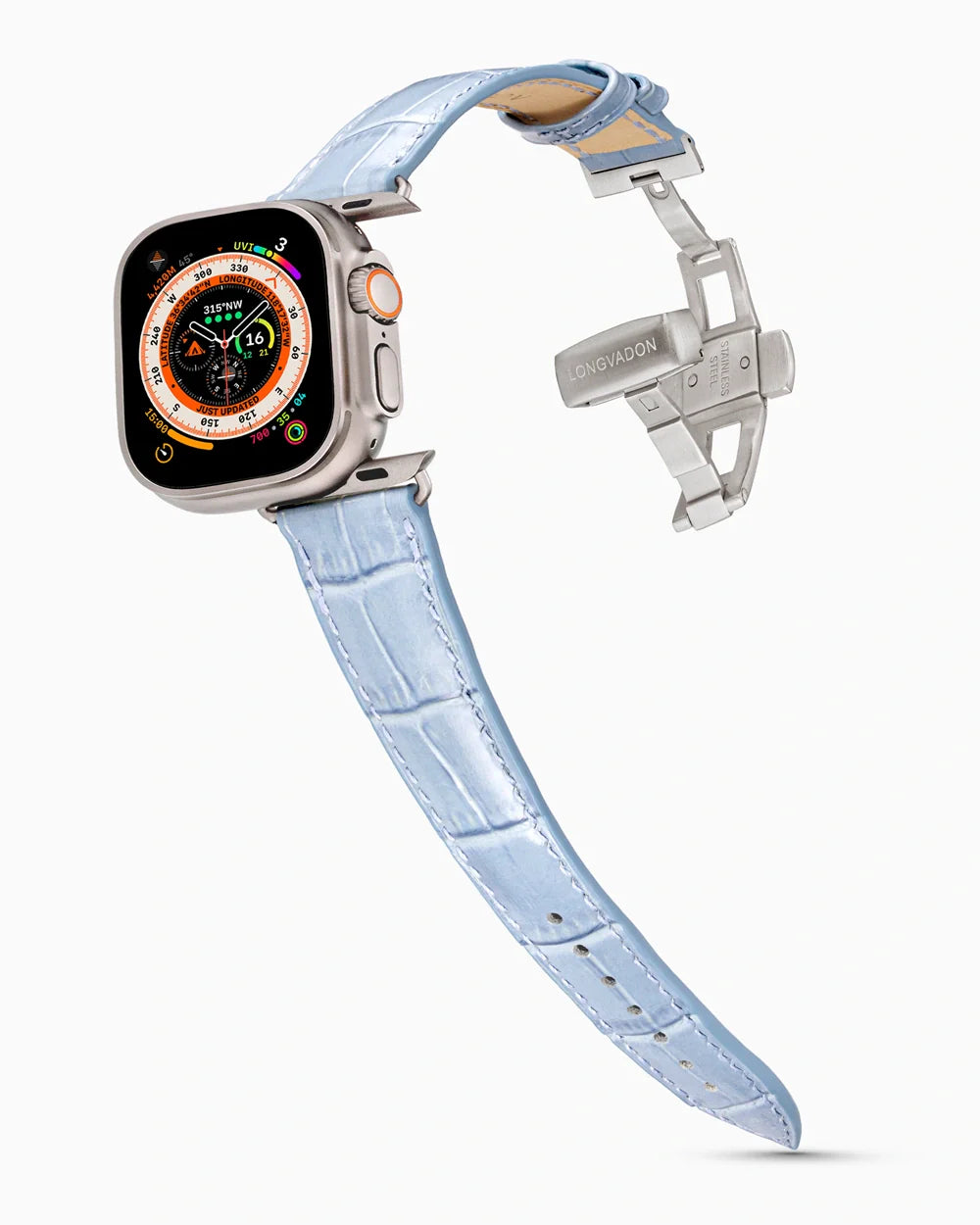 Caiman Series 3 luxury Apple Watch leather band on an Apple Watch Ultra