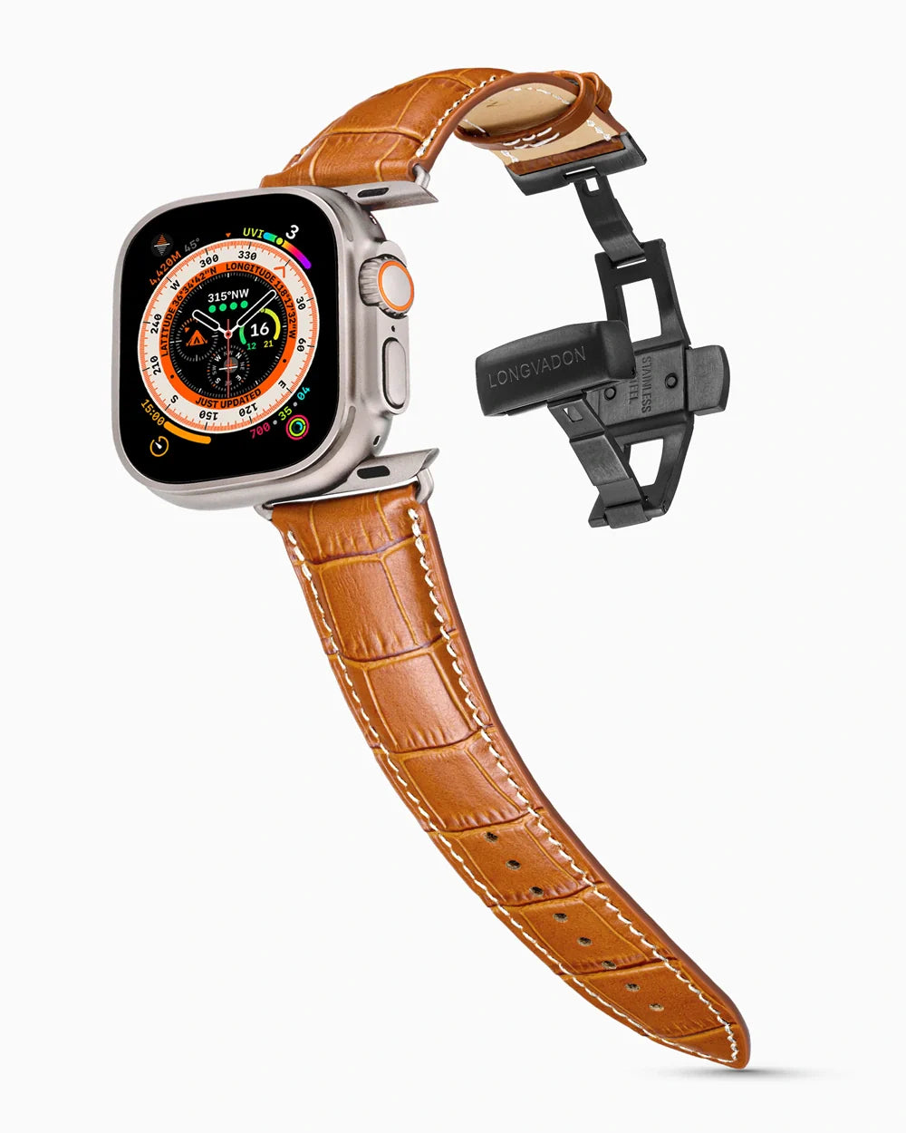 Caiman Series 3 luxury Apple Watch leather band on an Apple Watch Ultra
