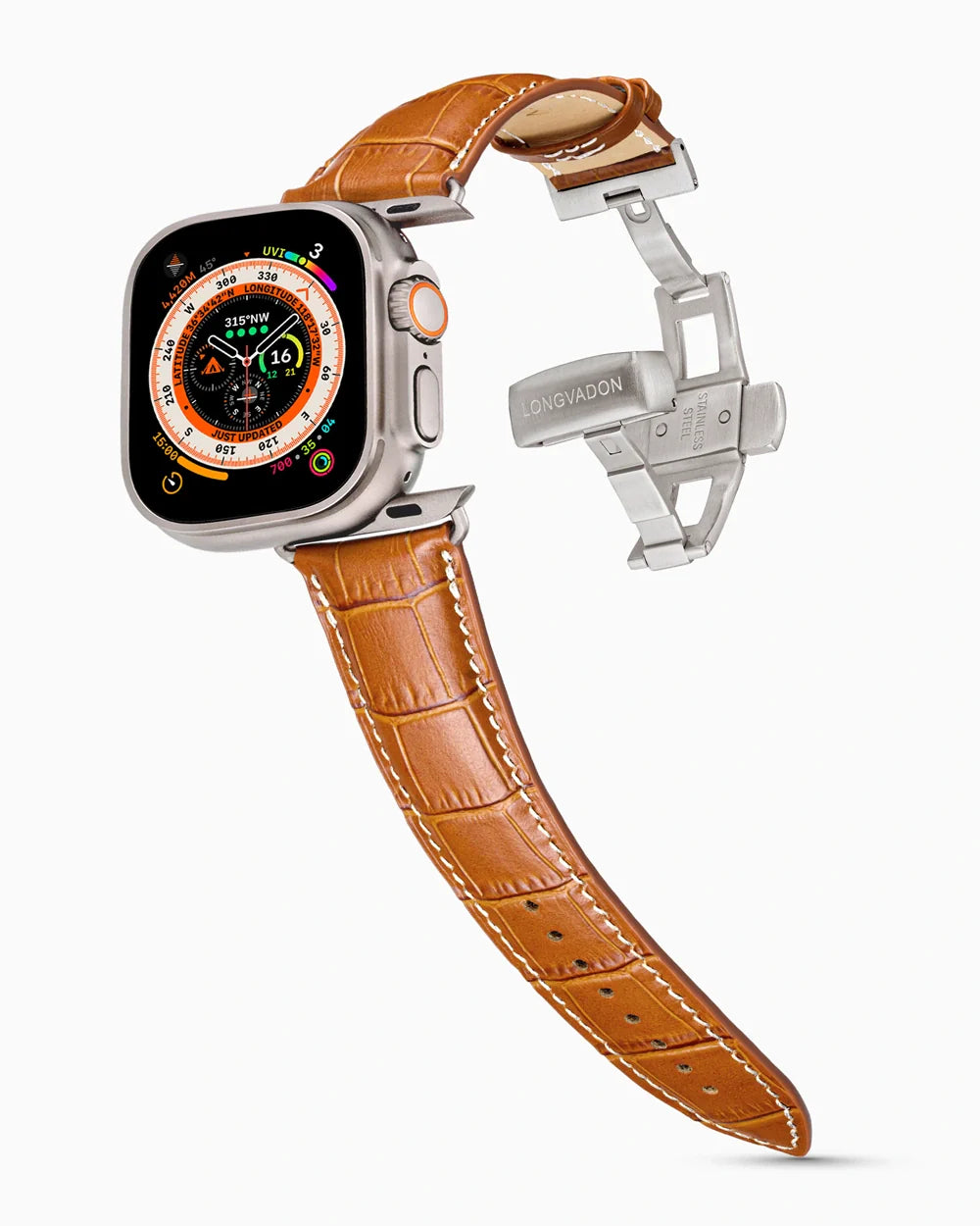 Caiman Series 3 luxury Apple Watch leather band on an Apple Watch Ultra