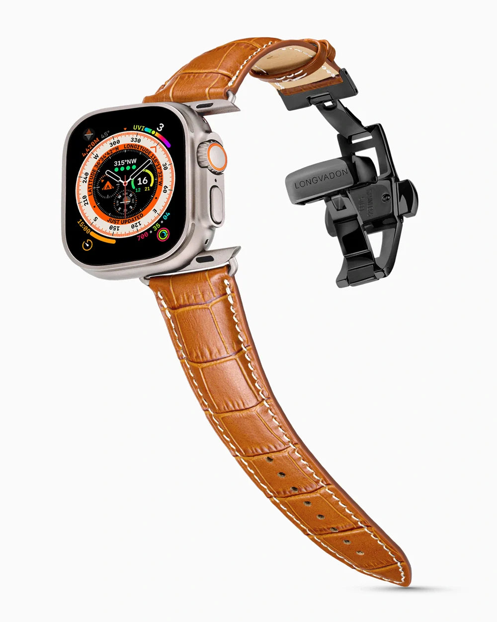 Caiman Series 3 luxury Apple Watch leather band on an Apple Watch Ultra