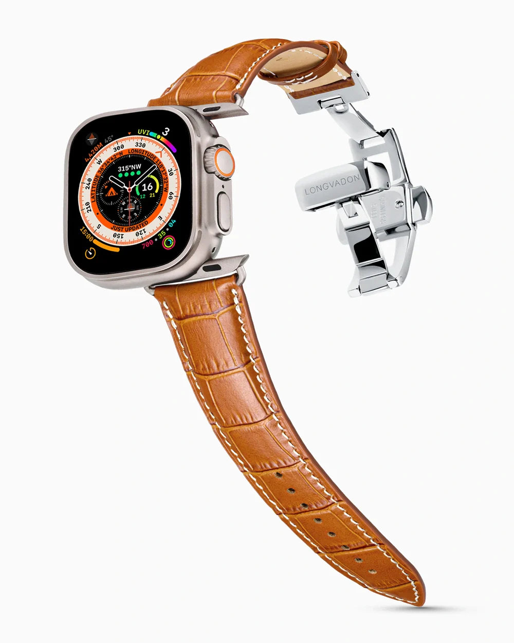 Caiman Series 3 luxury Apple Watch leather band on an Apple Watch Ultra