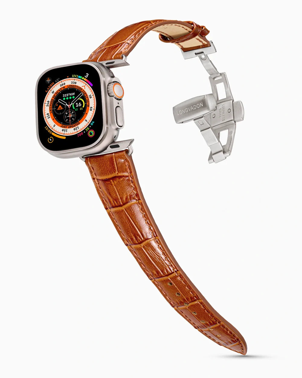 Caiman Series 3 luxury Apple Watch leather band on an Apple Watch Ultra