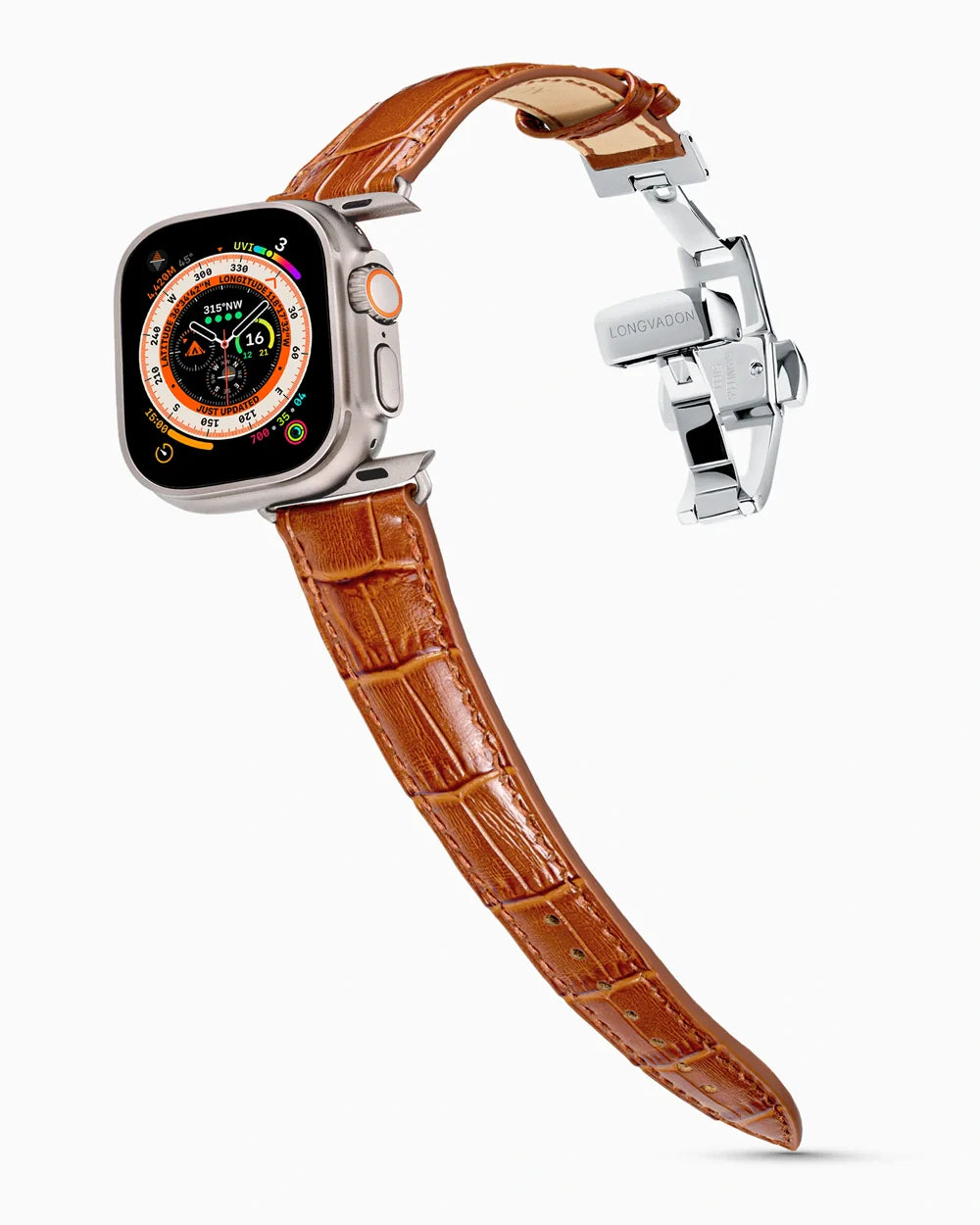Caiman Series 3 luxury Apple Watch leather band on an Apple Watch Ultra