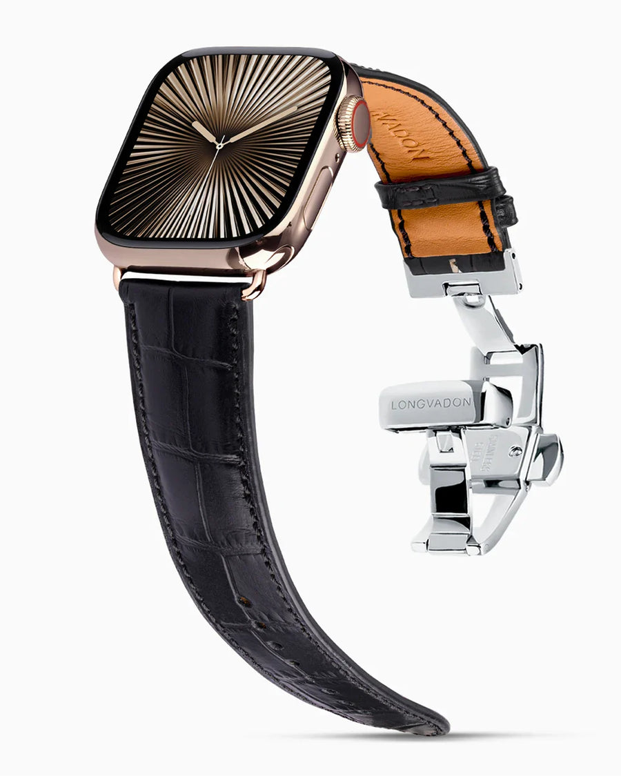 Caiman Calf designer Apple Watch leather band on a Apple Watch