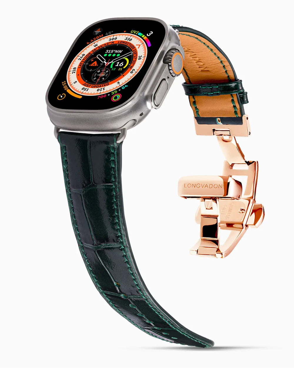 Caiman Calf designer Apple Watch leather band on a Apple Watch