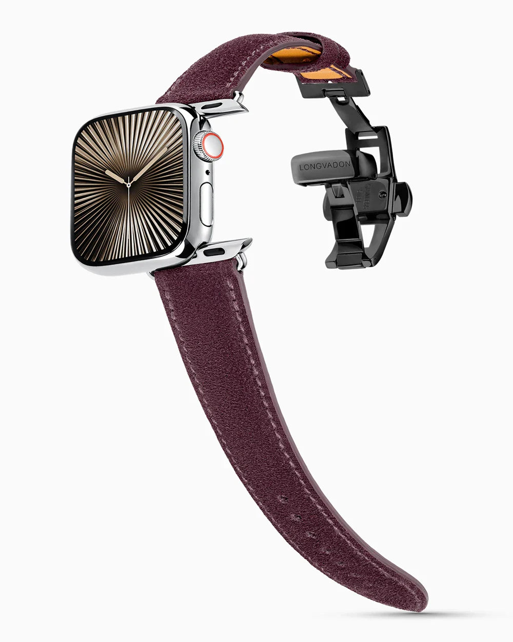 Janus Suede luxury Apple Watch leather band on a Series 10 Apple Watch