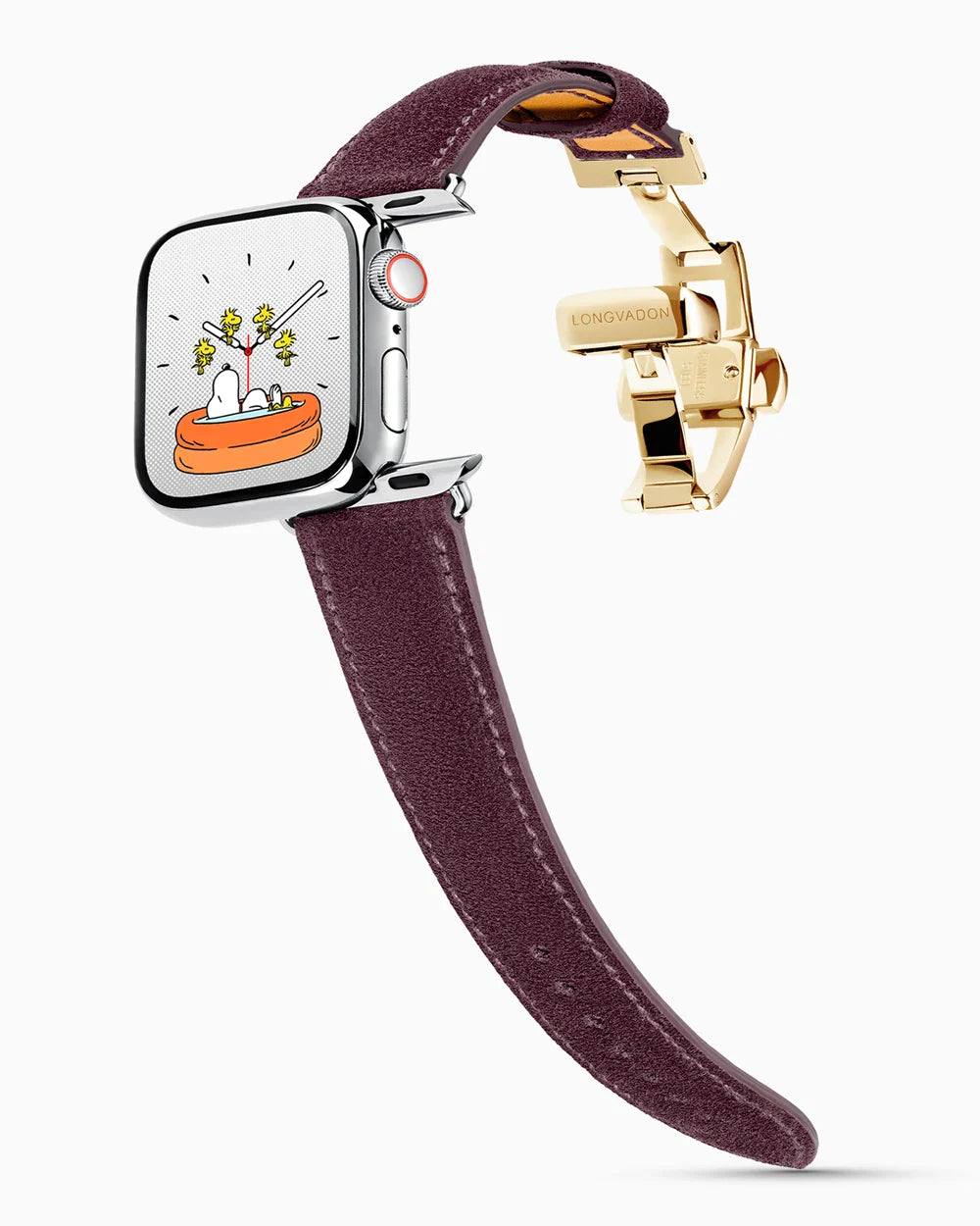 Janus Suede luxury Apple Watch leather band on a Series 9 Apple Watch