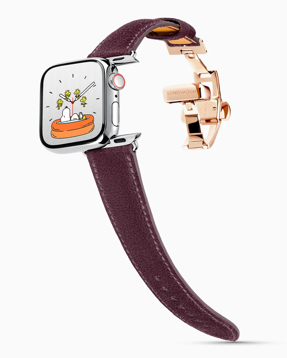 Janus Suede luxury Apple Watch leather band on a Series 9 Apple Watch