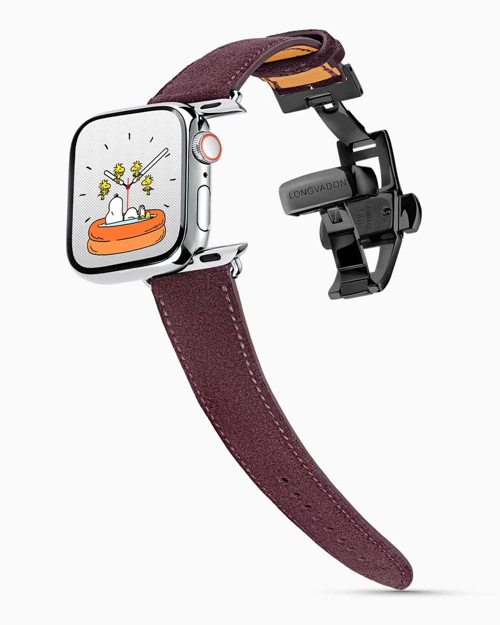 Janus Suede luxury Apple Watch leather band on a Series 9 Apple Watch