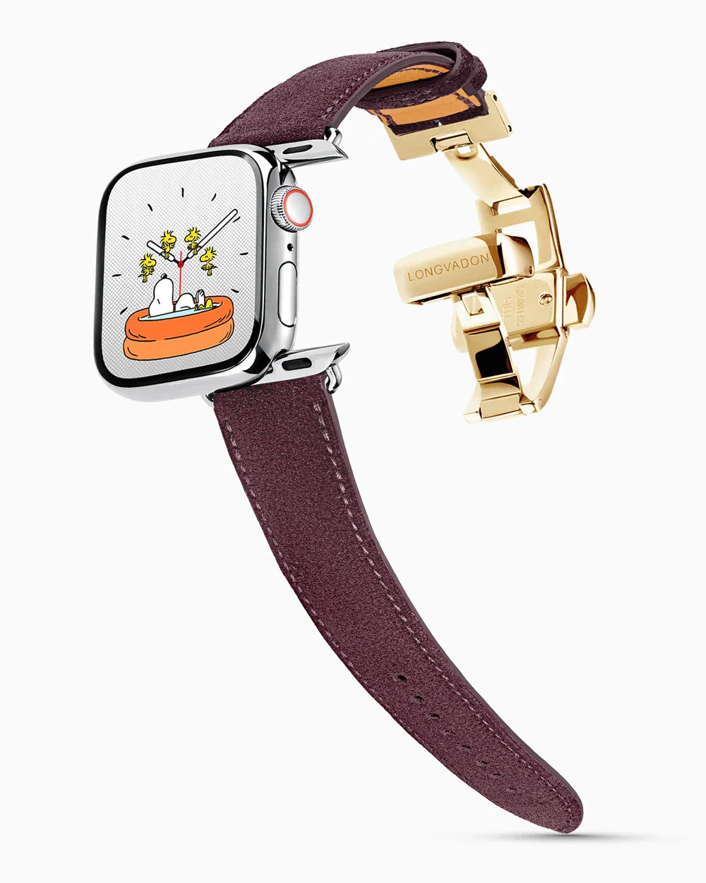 Janus Suede luxury Apple Watch leather band on a Series 9 Apple Watch